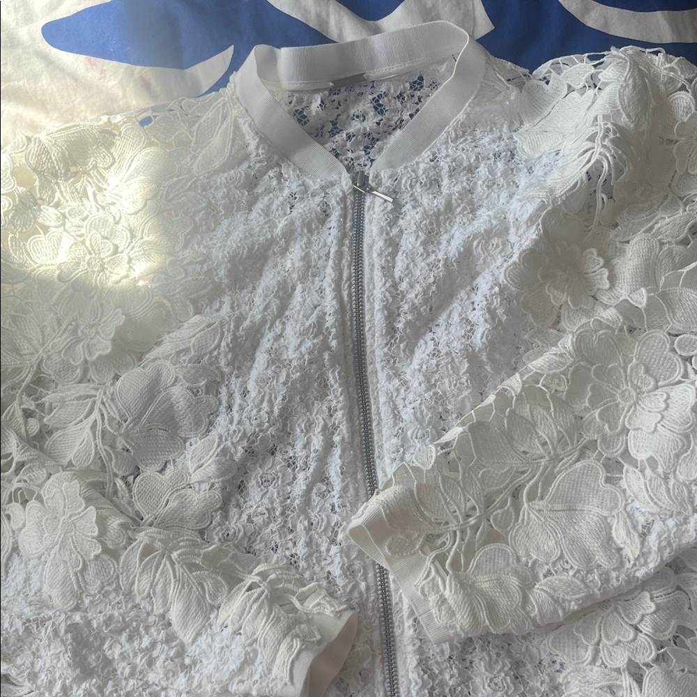 Elie Tahari Cream lace bomber jacket with lace and grosgrain ribbon detail